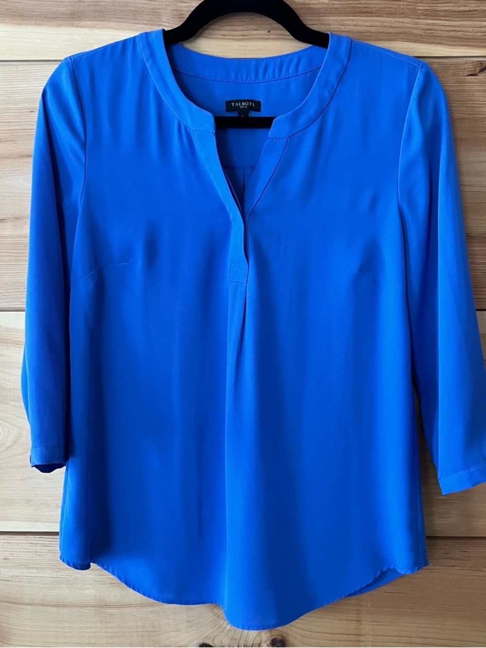 Talbots Cobalt Blue Split-Neck 3/4 Sleeve Blouse Classy Career Sophisticated